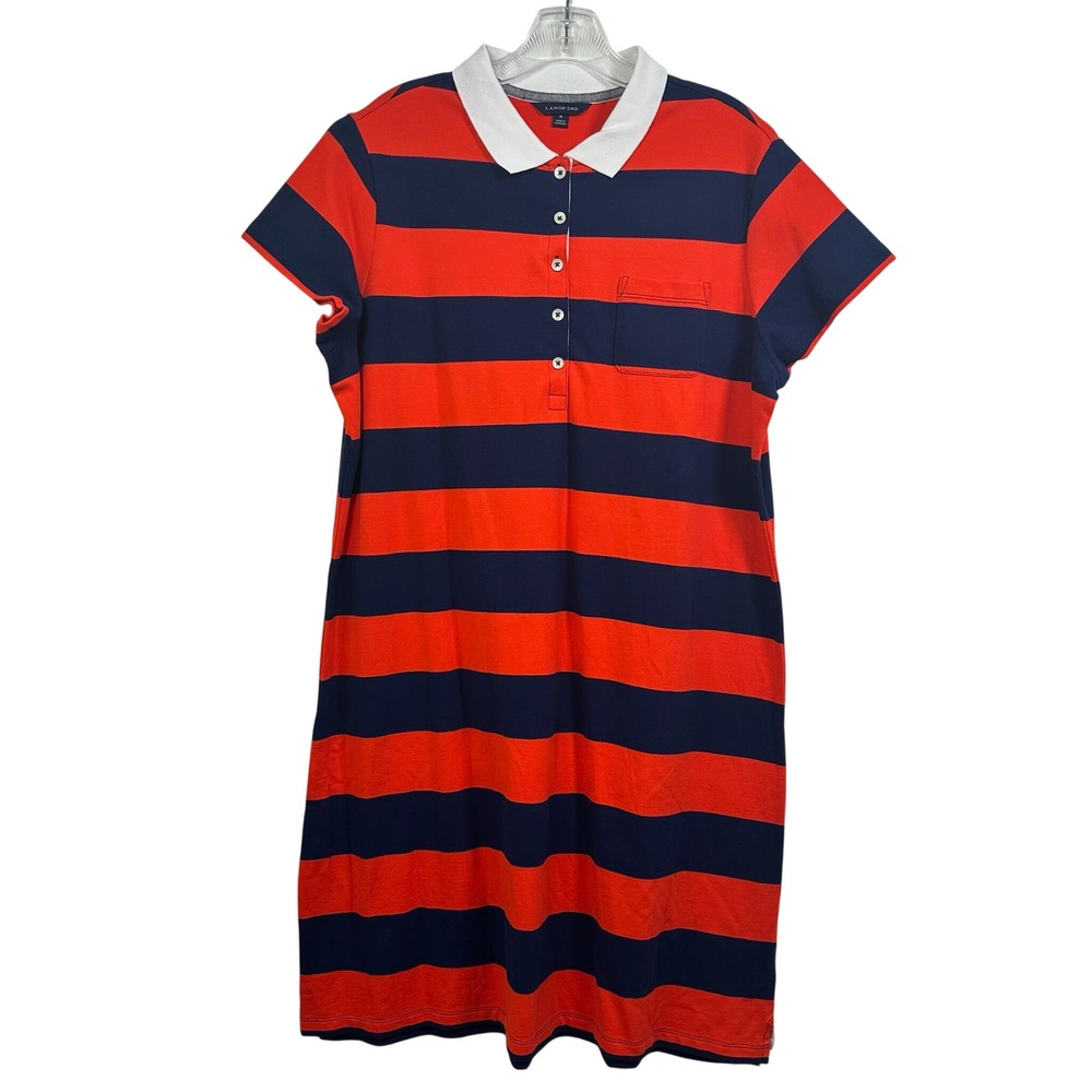 Lands End Womens 18 Polo Dress Orange Navy Blue Striped Short Sleeve Pique